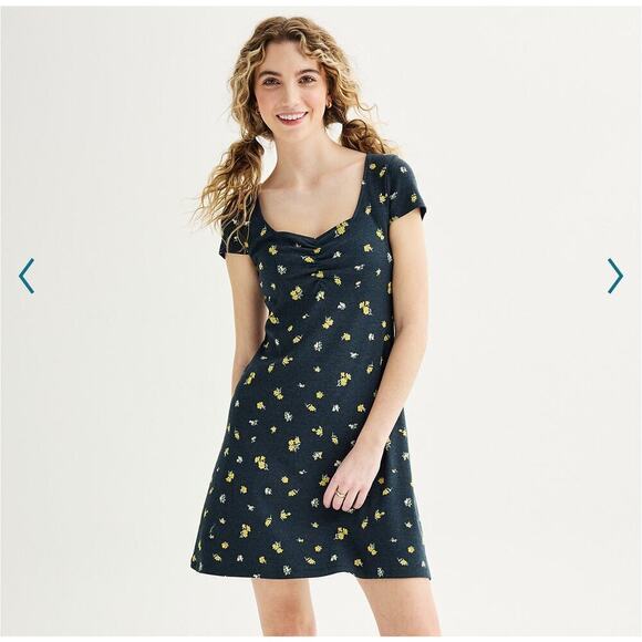 Floral Cinch Front Mini Dress Cottagecore Y2K Babydoll Fit Stretchy knit L Y2K - Picture 1 of 5